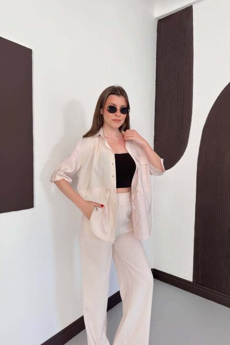 ONE COLOR FRONT POCKET SHIRT + TROUSERS WOMAN SET CREAM/KREM - 4