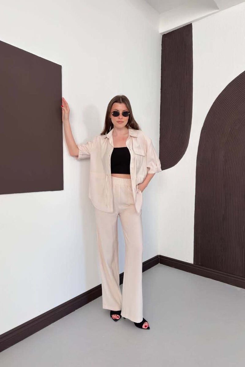 ONE COLOR FRONT POCKET SHIRT + TROUSERS WOMAN SET CREAM/KREM - 5