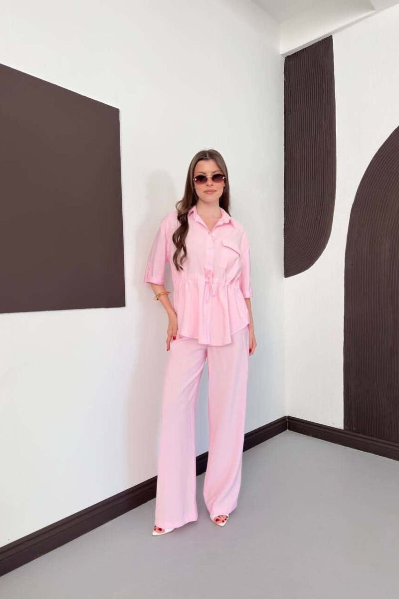 ONE COLOR FRONT POCKET SHIRT + TROUSERS WOMAN SET PINK/ROZE - 1