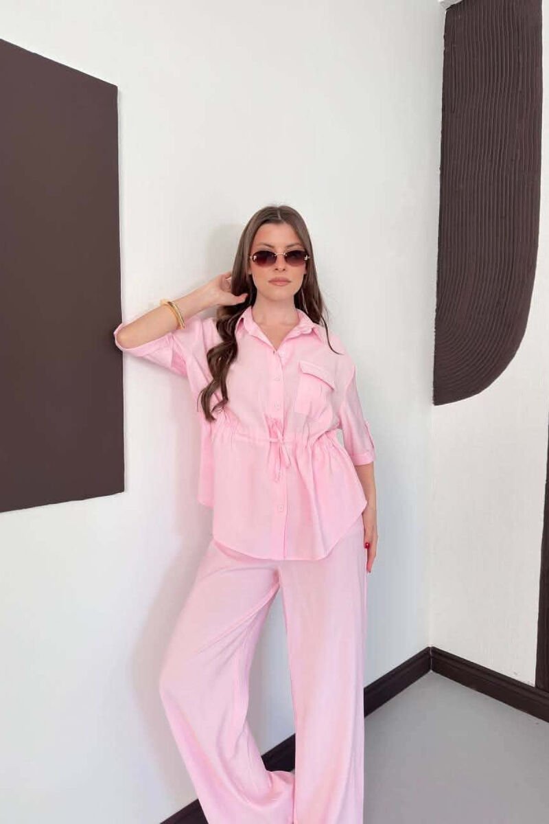 ONE COLOR FRONT POCKET SHIRT + TROUSERS WOMAN SET PINK/ROZE - 2