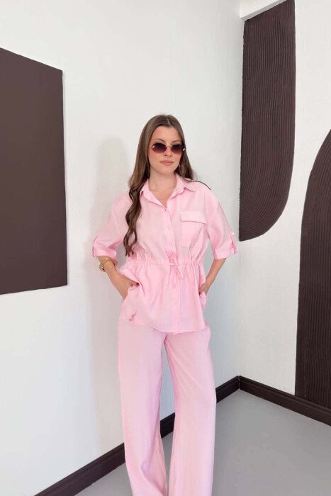 ONE COLOR FRONT POCKET SHIRT + TROUSERS WOMAN SET PINK/ROZE - 6