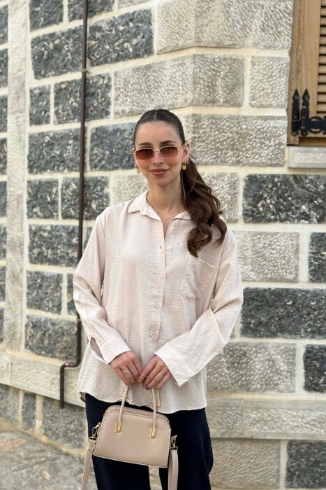 ONE COLOR FRONT POCKET WOMAN SHIRT BEIGE/BEZHE - KLAUDIO FASHION