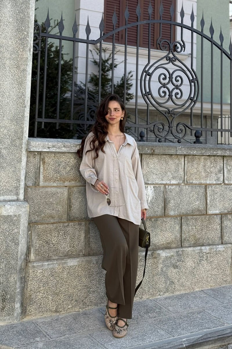 ONE COLOR FRONT POCKET WOMAN SHIRT BEIGE/BEZHE - 3