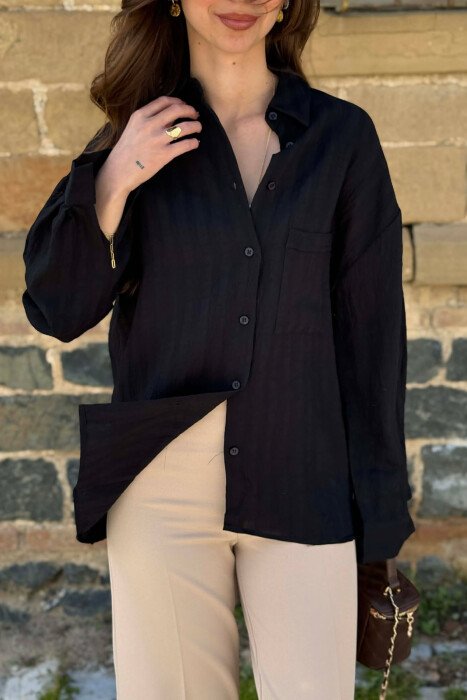 ONE COLOR FRONT POCKET WOMAN SHIRT BLACK/ E ZEZE - 7