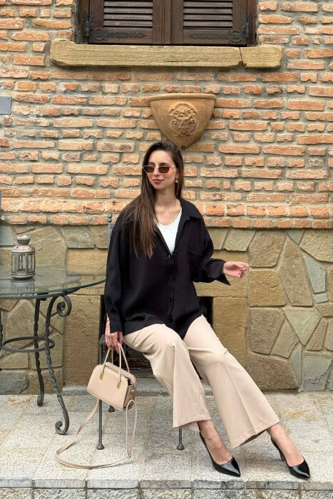 ONE COLOR FRONT POCKET WOMAN SHIRT BLACK/ E ZEZE - 4
