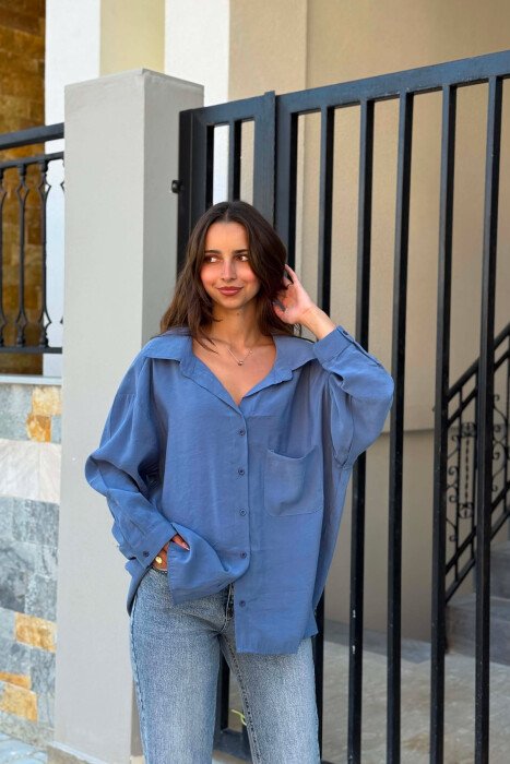 ONE COLOR FRONT POCKET WOMAN SHIRT BLUE/BLU - 2