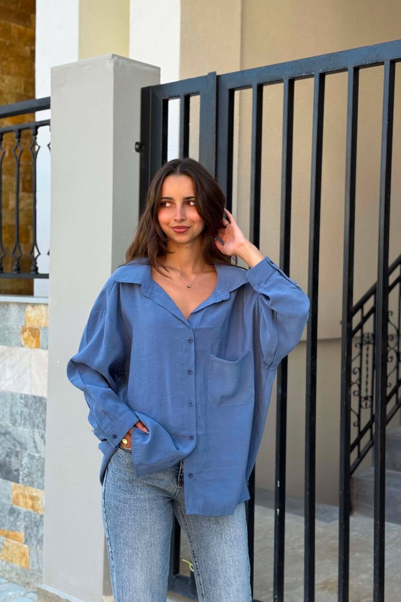 ONE COLOR FRONT POCKET WOMAN SHIRT BLUE/BLU - 2