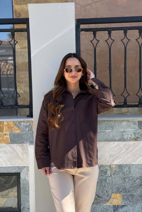 ONE COLOR FRONT POCKET WOMAN SHIRT BROWN/KAFE - KLAUDIO FASHION