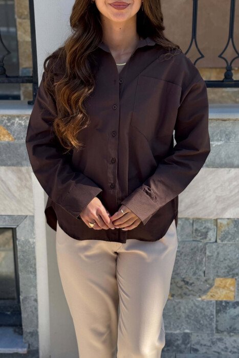 ONE COLOR FRONT POCKET WOMAN SHIRT BROWN/KAFE - 3