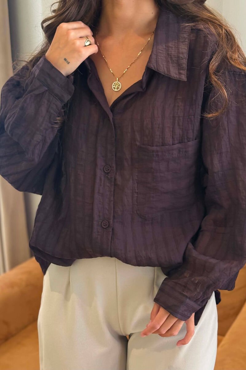 ONE COLOR FRONT POCKET WOMAN SHIRT DARK BROWN/KAE - 2