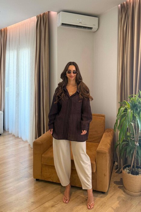 ONE COLOR FRONT POCKET WOMAN SHIRT DARK BROWN/KAE - 4