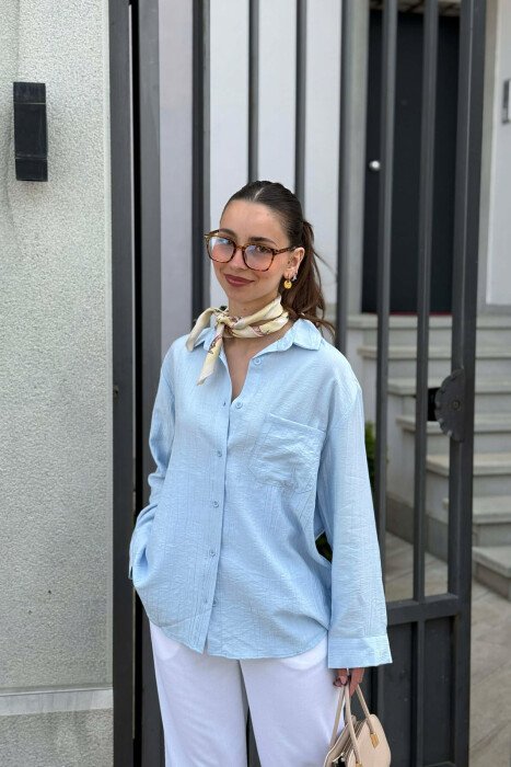 ONE COLOR FRONT POCKET WOMAN SHIRT LIGHTBLUE/BZ - KLAUDIO FASHION