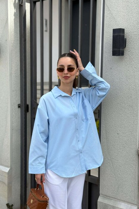 ONE COLOR FRONT POCKET WOMAN SHIRT LIGHTBLUE/BZ - 1