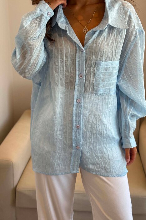 ONE COLOR FRONT POCKET WOMAN SHIRT LIGHTBLUE/BZ - 3