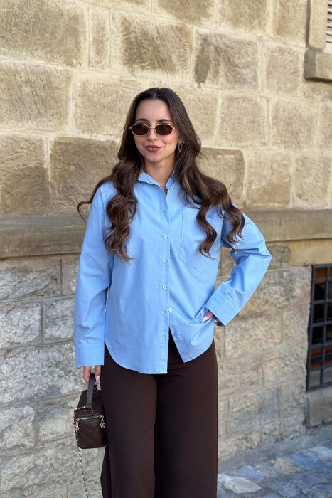 ONE COLOR FRONT POCKET WOMAN SHIRT LIGHTBLUE/BZ - KLAUDIO FASHION