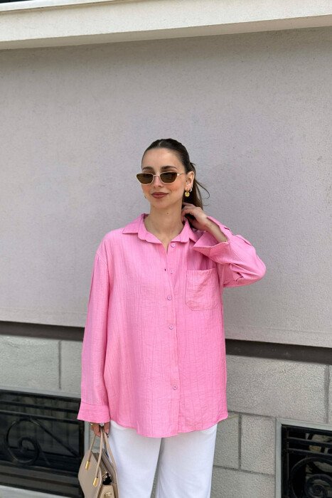 ONE COLOR FRONT POCKET WOMAN SHIRT PINK/ROZE - KLAUDIO FASHION