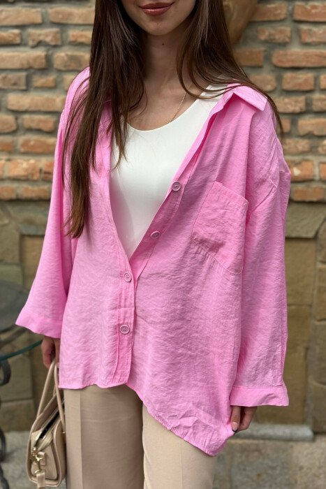 ONE COLOR FRONT POCKET WOMAN SHIRT PINK/ROZE - 3