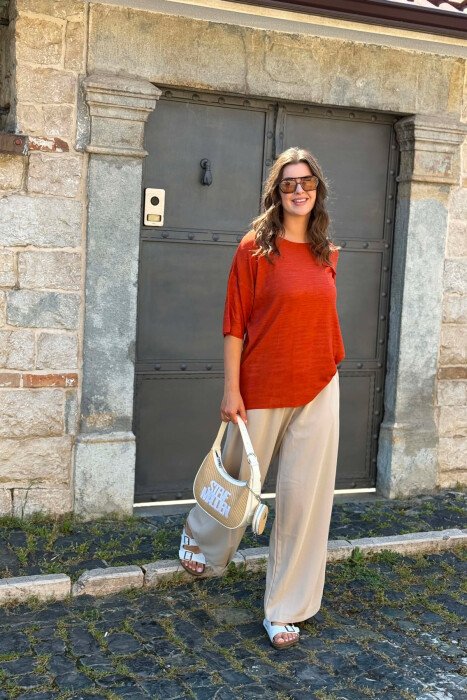 ONE COLOR FRONT POCKET WOMAN T-SHIRT BRICK/TULLE - 4