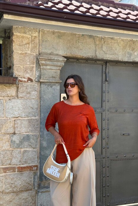 ONE COLOR FRONT POCKET WOMAN T-SHIRT BRICK/TULLE - 3