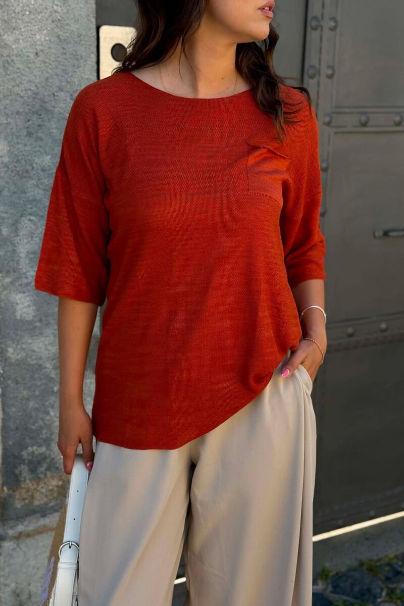 ONE COLOR FRONT POCKET WOMAN T-SHIRT BRICK/TULLE - 2