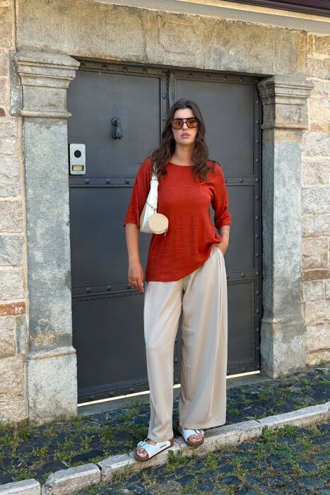 ONE COLOR FRONT POCKET WOMAN T-SHIRT BRICK/TULLE - 1