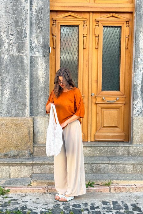 ONE COLOR FRONT POCKET WOMAN T-SHIRT BROWN/KAFE - 4
