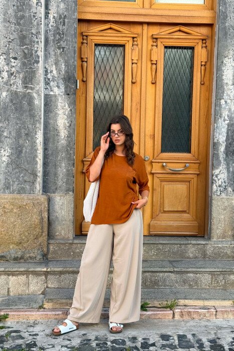 ONE COLOR FRONT POCKET WOMAN T-SHIRT BROWN/KAFE - 