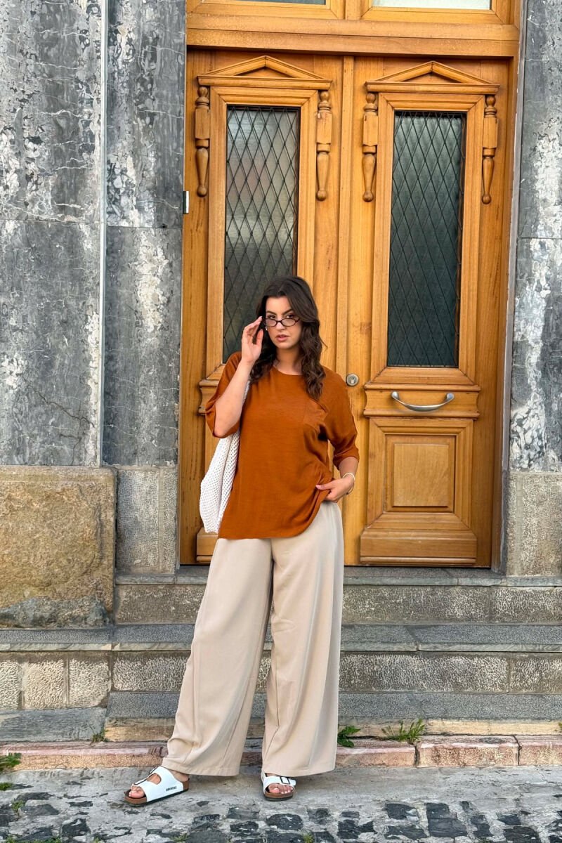 ONE COLOR FRONT POCKET WOMAN T-SHIRT BROWN/KAFE - 1