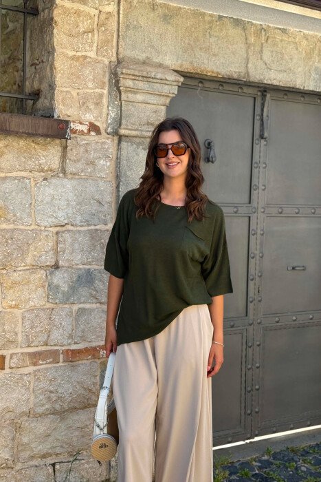 ONE COLOR FRONT POCKET WOMAN T-SHIRT GREEN/JESHILE - 3