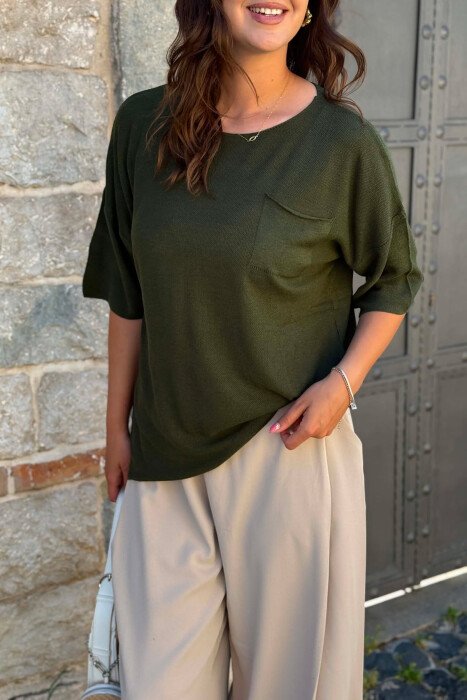 ONE COLOR FRONT POCKET WOMAN T-SHIRT GREEN/JESHILE - 2