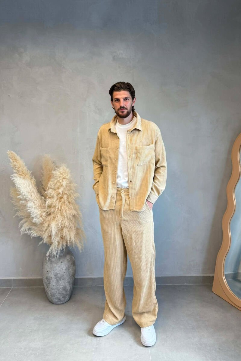 ONE COLOR FRONT POCKETS SHIRT + TROUSERS MEN SET BEIGE/BEZHE - 1