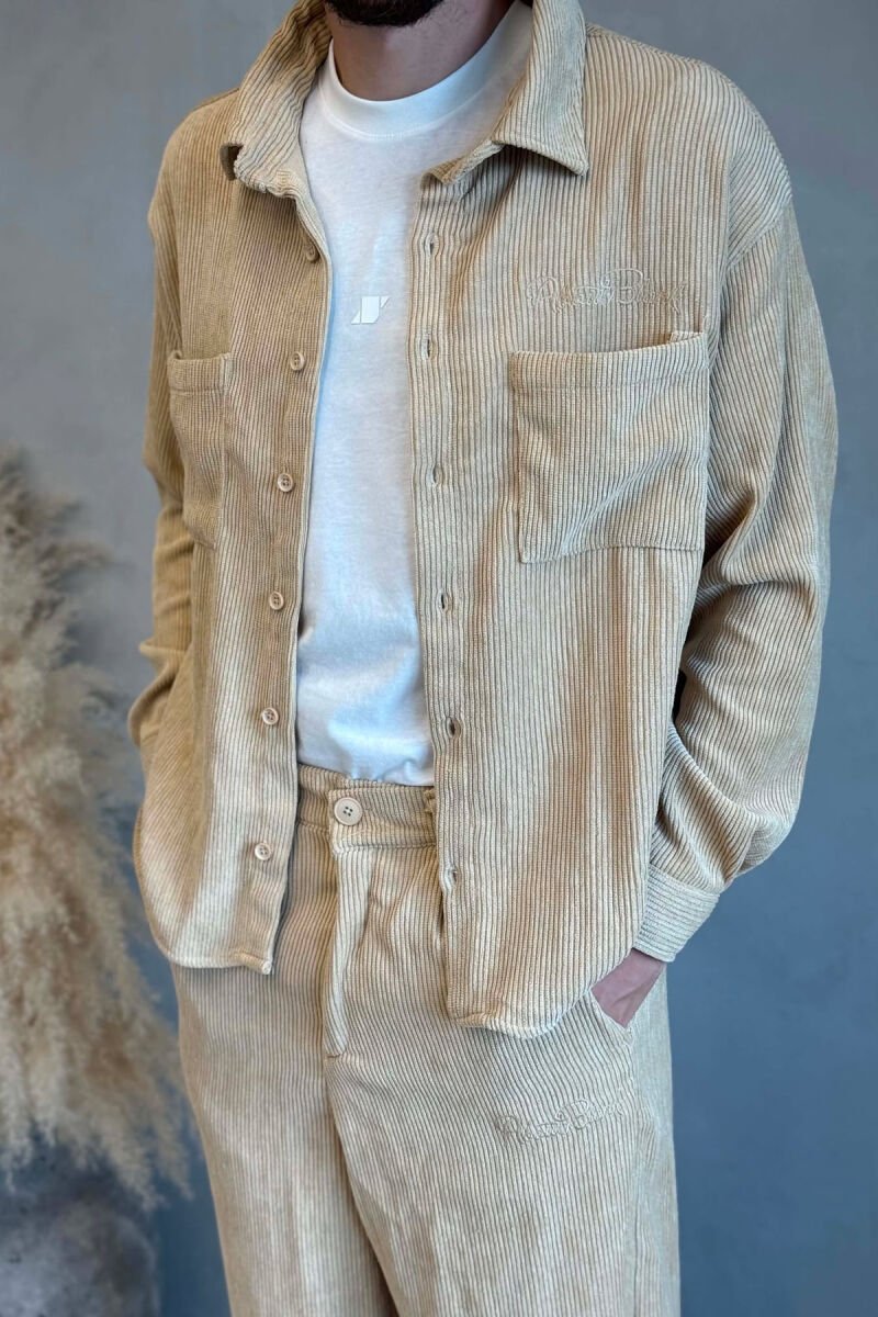 ONE COLOR FRONT POCKETS SHIRT + TROUSERS MEN SET BEIGE/BEZHE - 2