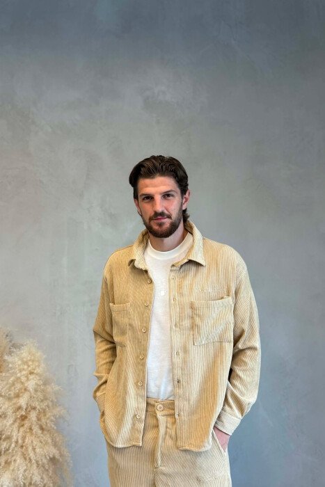 ONE COLOR FRONT POCKETS SHIRT + TROUSERS MEN SET BEIGE/BEZHE - 3
