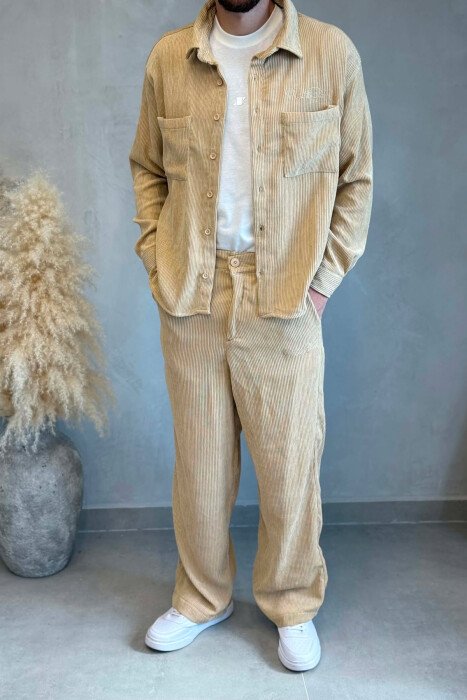 ONE COLOR FRONT POCKETS SHIRT + TROUSERS MEN SET BEIGE/BEZHE - 4