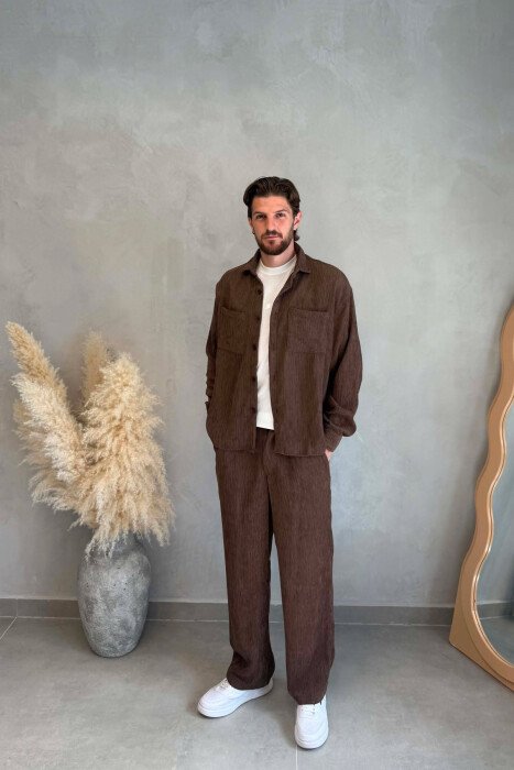 ONE COLOR FRONT POCKETS SHIRT + TROUSERS MEN SET BROWN/KAFE - KLAUDIO FASHION