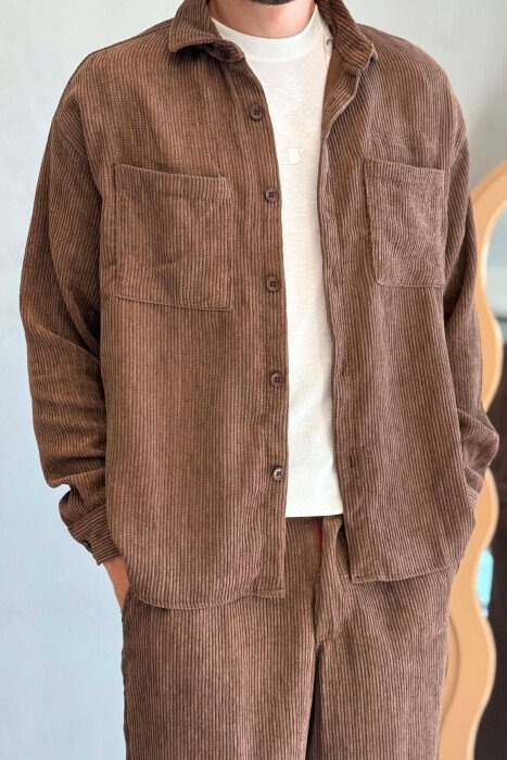 ONE COLOR FRONT POCKETS SHIRT + TROUSERS MEN SET BROWN/KAFE - 2