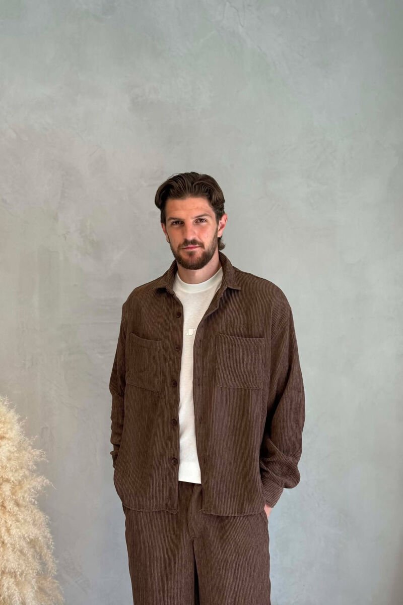 ONE COLOR FRONT POCKETS SHIRT + TROUSERS MEN SET BROWN/KAFE - 3