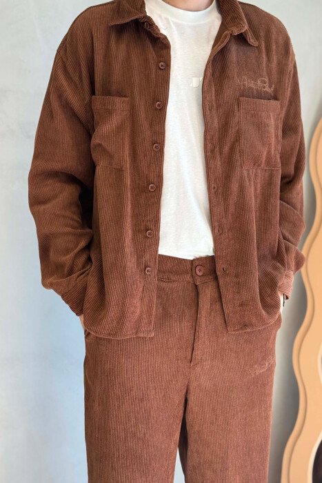 ONE COLOR FRONT POCKETS SHIRT + TROUSERS MEN SET DARK BROWN/KAE - 2