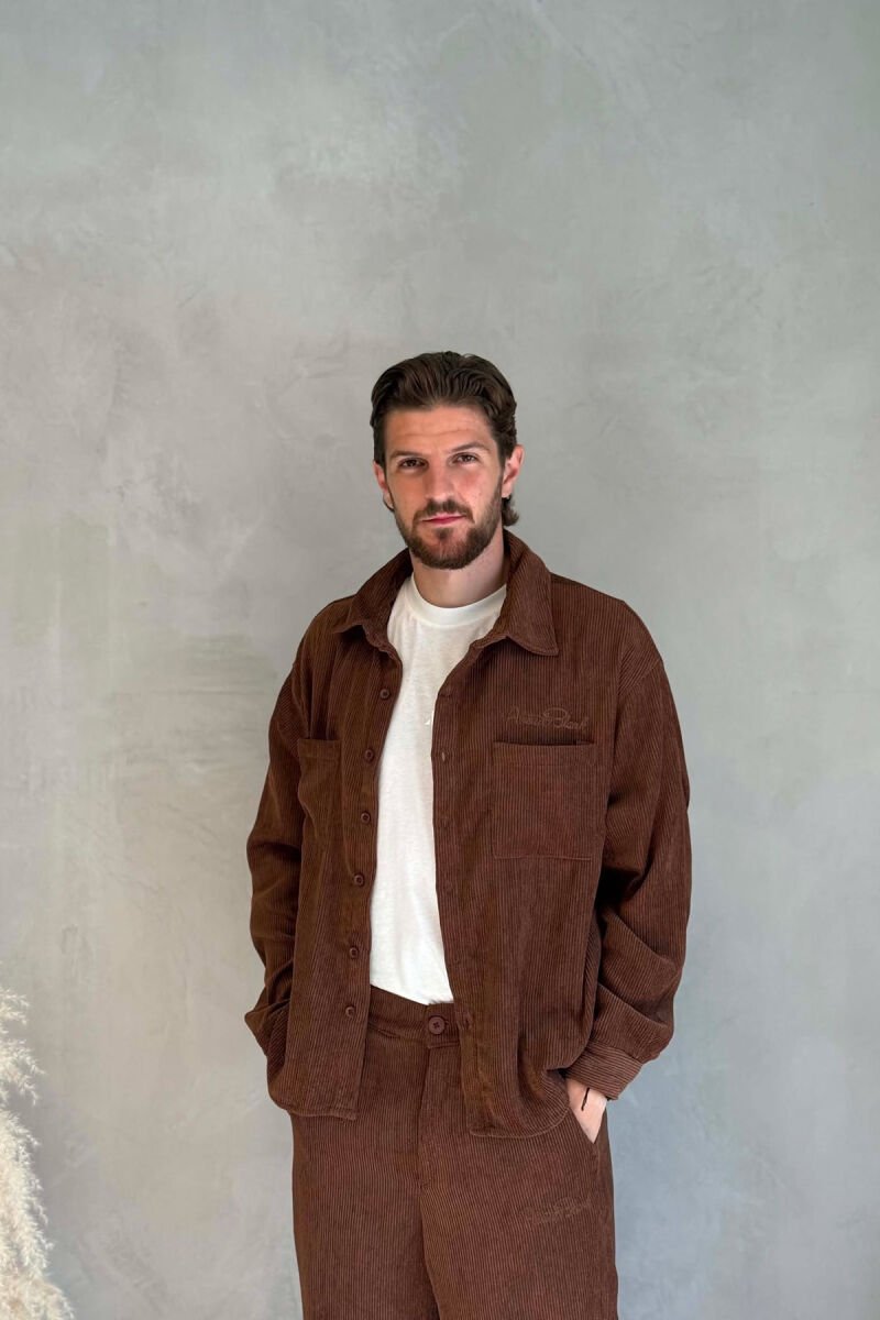 ONE COLOR FRONT POCKETS SHIRT + TROUSERS MEN SET DARK BROWN/KAE - 3