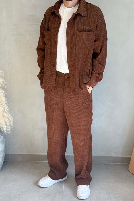 ONE COLOR FRONT POCKETS SHIRT + TROUSERS MEN SET DARK BROWN/KAE - 4