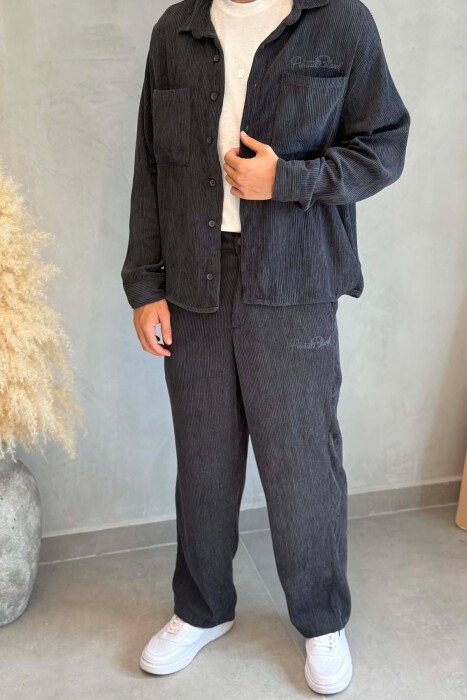 ONE COLOR FRONT POCKETS SHIRT + TROUSERS MEN SET GREY/GRI - 4