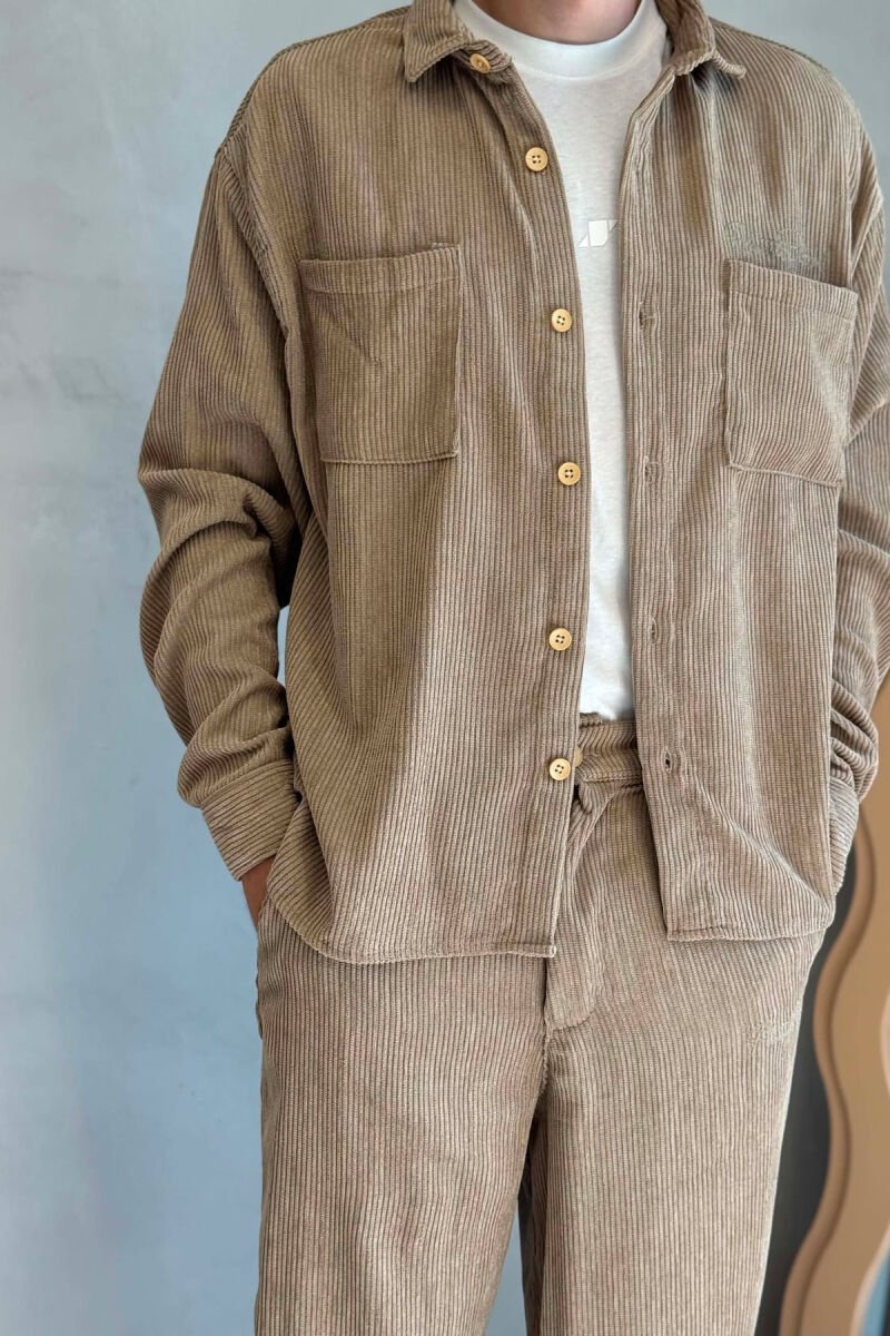 ONE COLOR FRONT POCKETS SHIRT + TROUSERS MEN SET KHAKI / KAKI - 2
