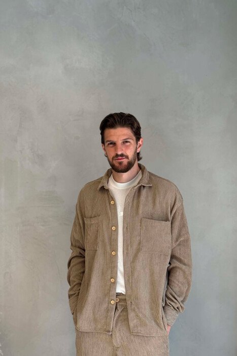 ONE COLOR FRONT POCKETS SHIRT + TROUSERS MEN SET KHAKI / KAKI - 3