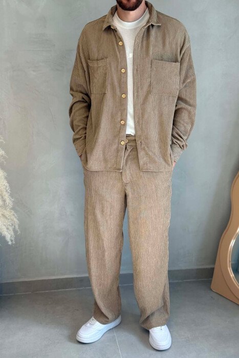 ONE COLOR FRONT POCKETS SHIRT + TROUSERS MEN SET KHAKI / KAKI - 4
