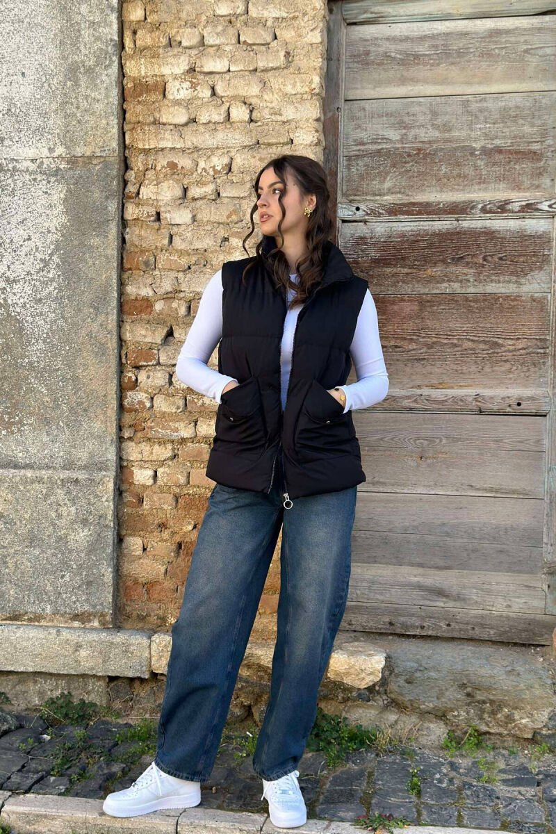 ONE COLOR FRONT POCKETS WOMEN VEST BLACK/ E ZEZE - 4