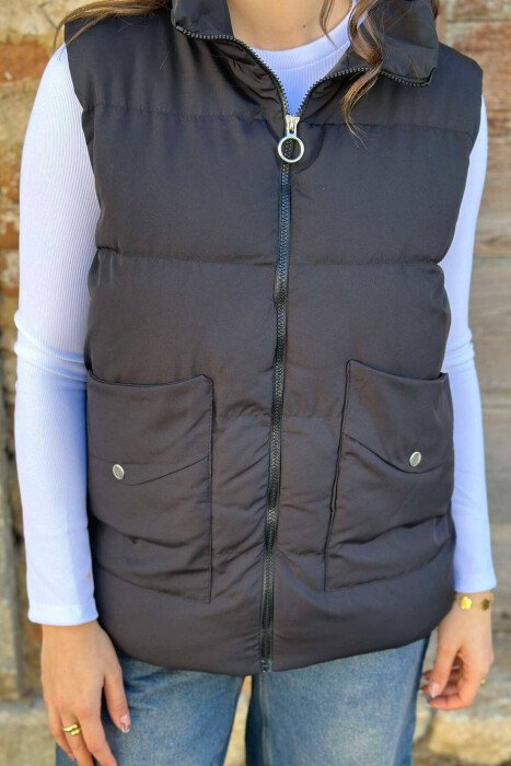 ONE COLOR FRONT POCKETS WOMEN VEST BLACK/ E ZEZE - 1