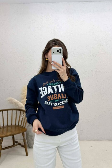 ONE COLOR FRONT PRINTED WOMAN SWEATSHIRT DARK BLUE/BEE - 1
