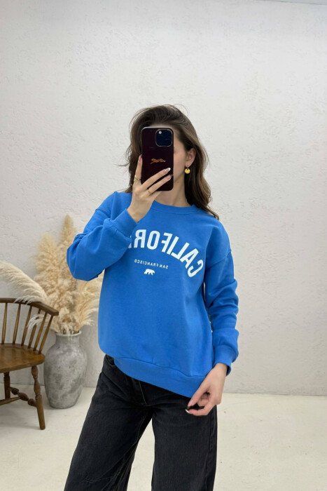 ONE COLOR FRONT PRINTED WOMEN SWEATSHIRT BLUE/BLU - KLAUDIO FASHION
