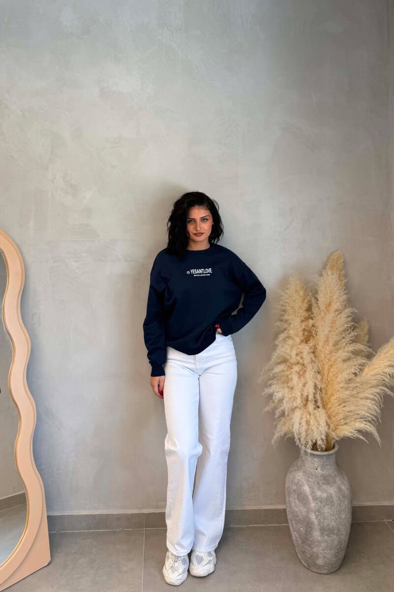ONE COLOR FRONT PRINTED WOMEN SWEATSHIRT DARK BLUE/BEE - 4