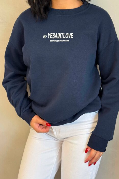 ONE COLOR FRONT PRINTED WOMEN SWEATSHIRT DARK BLUE/BEE - 5